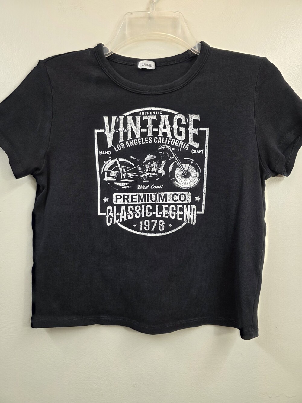 Garage Motorcycle Graphic Baby Tee Womens G/L Black Short Sleeve | Biker Grunge